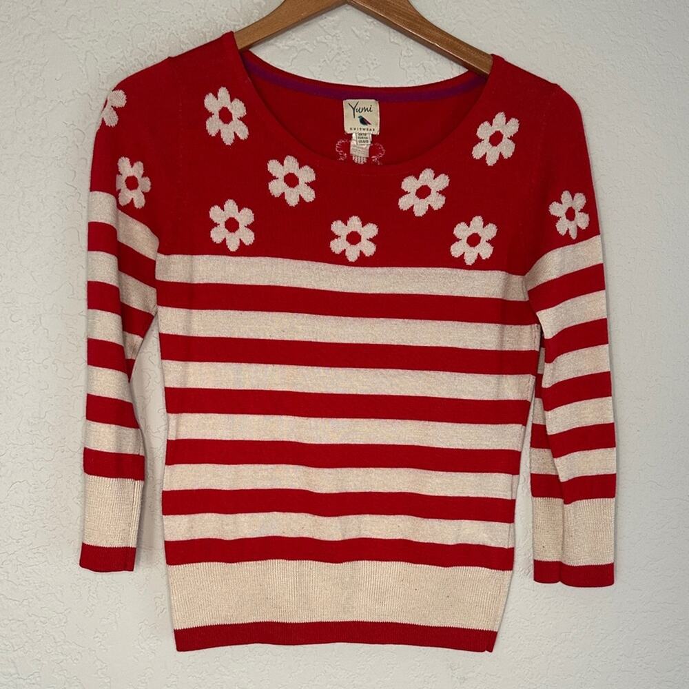 Yumi Knitwear Red Cream Daisy Stripe Sweater Jumper Flower Twee Girly US 6